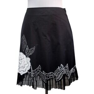 Cache Y2K Black Cotton Sequin Rose Beaded Mesh‎ Trim ALine Skirt Size 6 Whimsy